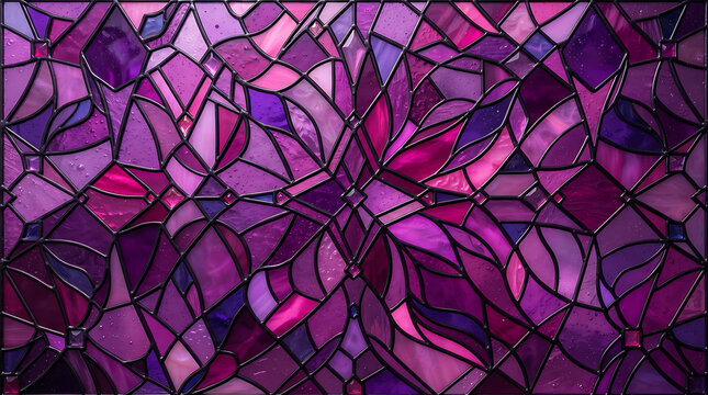 Abstract purple stained glass pattern with geometric shapes and vibrant mosaic texture