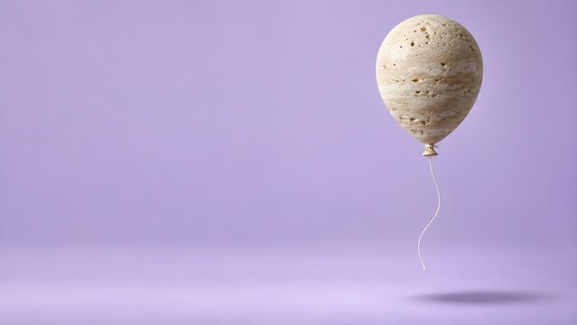 Surreal Stone Balloon Floating in the Air on Soft Purple Background, Impossible Heavy Object Flying with Large Copy Space, Creative Minimal Concept