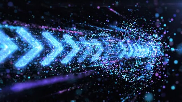 Fast moving sequence of blue arrows made of particles on black background