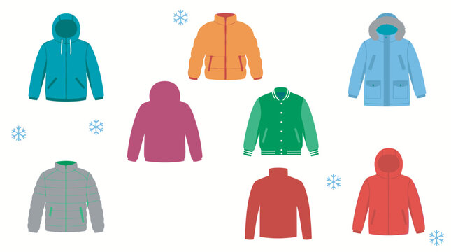 Winter jackets and coats colorful vector icons set for cold weather fashion and outerwear collection