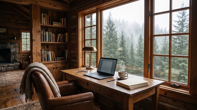 Laptop computer and coffee cup on wooden desk inside cozy log cabin overlooking misty pine forest, representing remote work and secluded writing retreat