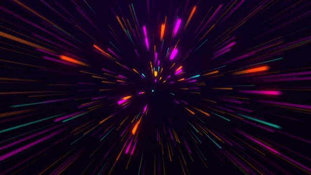 Colorful glowing neon light streaks zooming in hyperspace motion on dark background