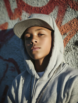 Young woman in hoodie and baseball cap, urban streetwear fashion portrait against graffiti wall
