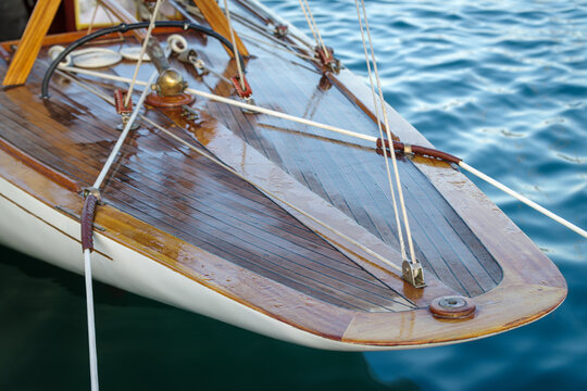 Details of a sailboat in old style moored the harbour