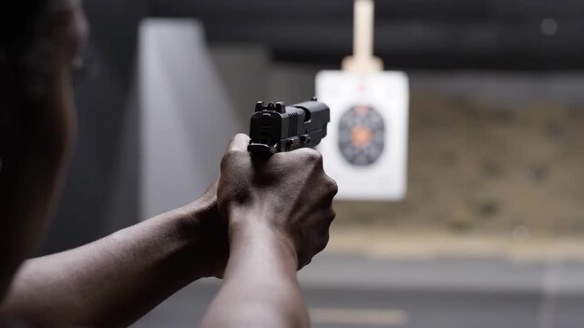 POV shooter aims handgun at target in indoor range. First person view follows steady hands on pistol while focusing on paper target, creating tense, concentrated marksmanship practice.