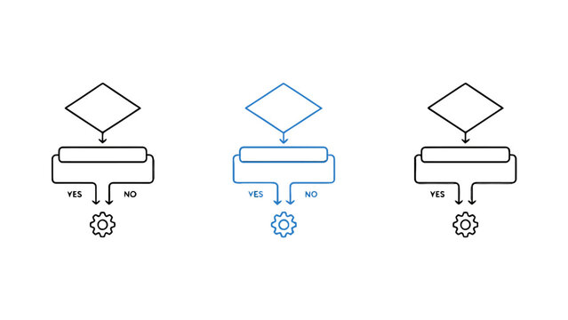 Decision diagrams with gear icons illustrate a process flow on a white background diagram flowchart logic algorithm cogwheel setting