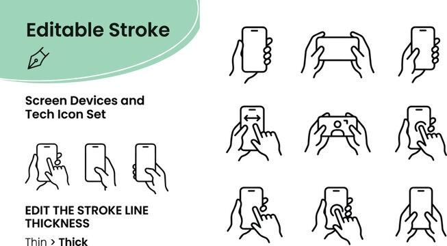 Smartphone screen devices and tech icon set showing hands holding phones with editable outline vector stroke