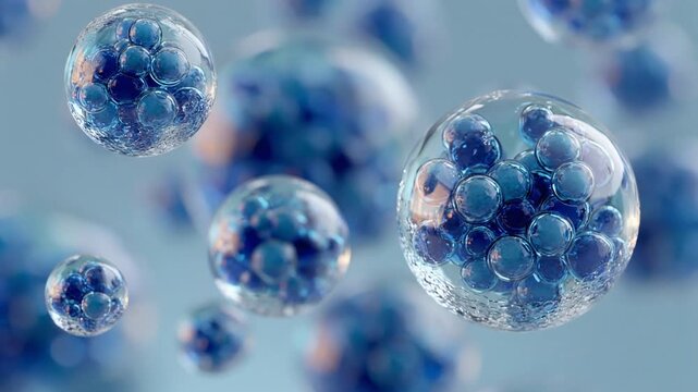 青い美容成分の透明な球体がゆっくり浮遊する保湿スキンケアの3DCGループ動画 / Blue cosmetic ingredient spheres gently floating, moisturizing skincare 3D seamless loop