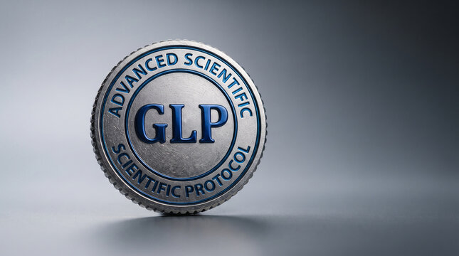 Metal coin with embossed text "ADVANCED SCIENTIFIC GLP SCIENTIFIC PROTOCOL", showcasing scientific rigor and quality assurance.