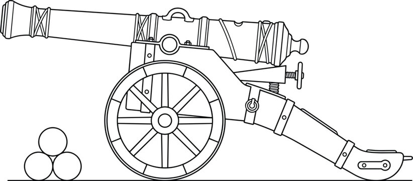 Vintage historic field cannon artillery weapon with iron cannonballs outline illustration isolated on white background vector graphic