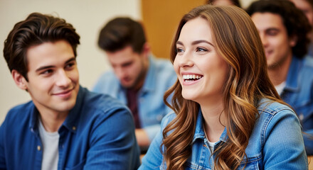 Fototapeta premium Smiling young adults in a classroom setting, showcasing engagement and learning, representing education and youthful interaction.