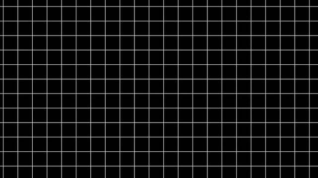 Seamless dark mode square grid pattern with soft glowing white lines on solid black background
