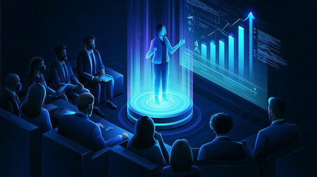 Business presenter standing on a glowing blue holographic podium in front of a seated audience with futuristic bar charts, digital illustration for conference, seminar, and corporate presentation