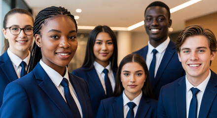 Fototapeta premium Diverse group of young professionals in matching blue suits, representing teamwork, success, and ambition in a modern corporate setting