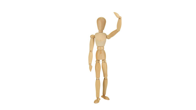 Posable human wooden mannequin artist model standing isolated on white background