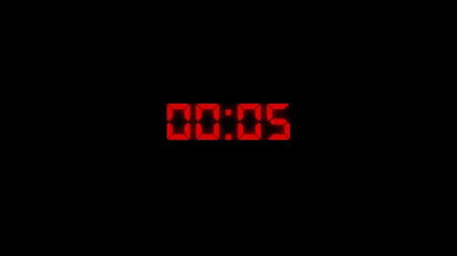 Red glowing digital led timer displaying ten seconds remaining countdown