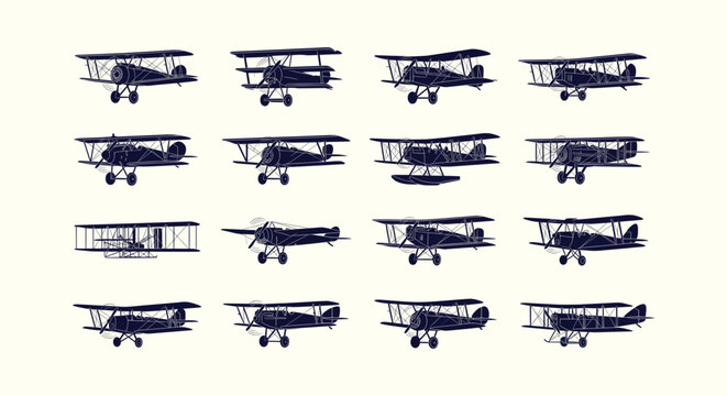 Vintage biplane silhouettes collection vector set, old aviation historical aircraft design elements