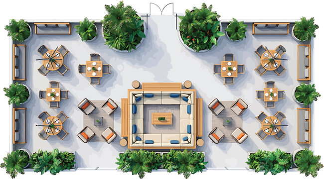 Top view architectural floor plan of an outdoor patio lounge with tables and seating