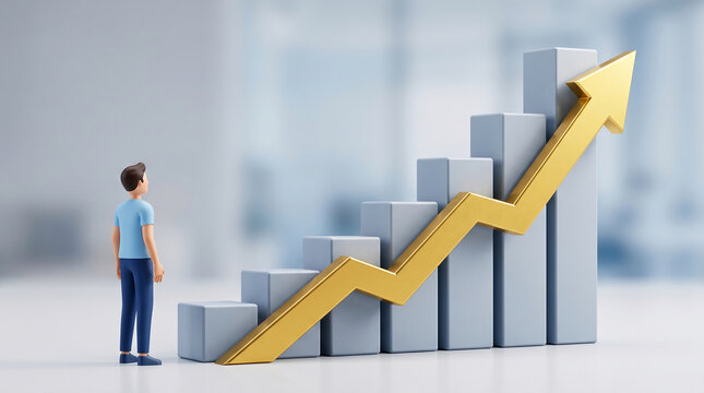 A cartoon man observes a rising bar graph with a golden arrow, symbolizing growth, success, and achievement in business.