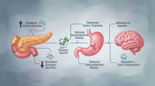 Medical illustration showing the physiological effects of a GLP-1 receptor agonist on the pancreas, stomach, and brain, depicting hormone secretion and appetite reduction.
