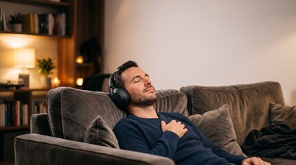 Fototapeta premium Man relaxing with headphones on a couch in a cozy living room