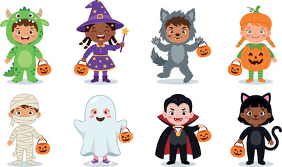 Fototapeta premium Cute Kids Halloween Costumes Trick or Treat Monster Witch Werewolf Pumpkin Mummy Ghost Vampire and Black Cat Vector Character Set