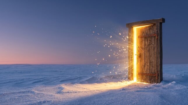 Weathered wooden door ajar in snowy field spilling golden light and glowing particles at sunset, Christmas portal of hope and new beginnings concept with copy space  