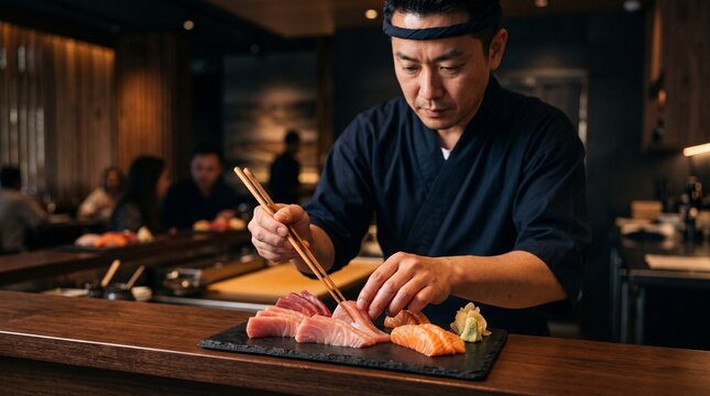 Japanese chef using wooden chopsticks to arrange fresh raw salmon and tuna sashimi slices on slate platter at sushi bar counter, depicting high end omakase dining
