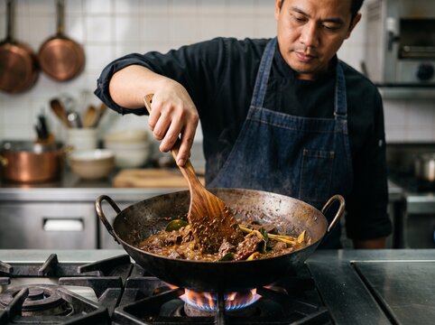 Male chef in apron carefully stirring rich beef rendang curry with herbs in hot wok over gas burner flame, representing professional Indonesian restaurant preparation