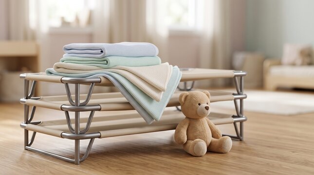 Stack of folded waffle knit pastel blankets resting on metal nap cots beside brown teddy bear in quiet daycare room, depicting nursery sleep environment preparation