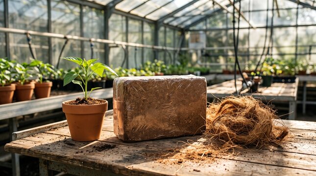 Wrapped compressed coco peat block beside potted green seedling and loose coir fiber on potting bench in sunlit greenhouse, depicting eco friendly gardening substrates