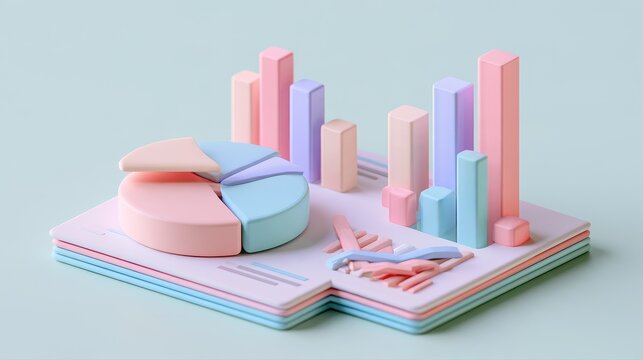 Customer insights analytics, abstract pie chart and bar graphs on layered reports, friendly pastel colors, 3D illustration. -