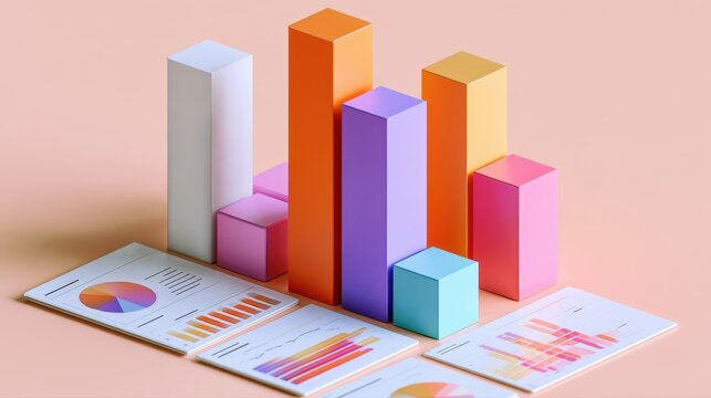Data driven business concept, colorful statistical blocks arranged around analytics reports, minimal 3D illustration. 