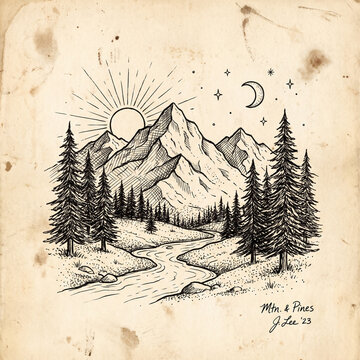 hand drawn mountain design. illustration of mountains and pine trees.