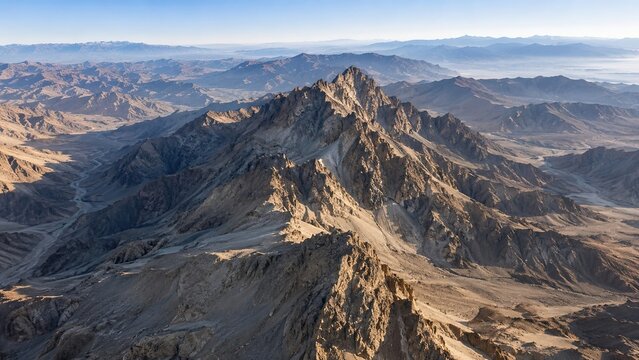 Aerial satellite view of Pickaxe Mountain in Iran, a spectacular rocky mountain landscape with steep ridges, arid terrain, geological formations, remote wilderness, and topographic texture
