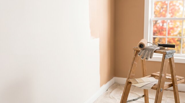 Painting tools and ladder in a room with a fresh paint job  