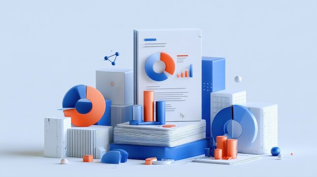 Data management concept, stacked analytics reports surrounded by geometric charts and statistics blocks, 3D illustration. 