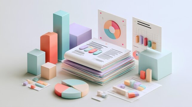 Data management concept, stacked analytics reports surrounded by geometric charts and statistics blocks, 3D illustration. 