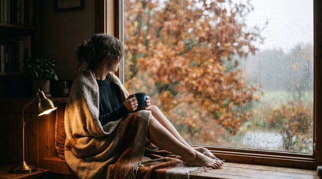 Young woman relaxing with a mug on a window seat during autumn rain  