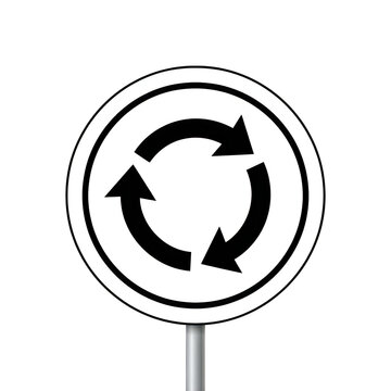 Roundabout traffic sign displays three black circular arrows on a white background.