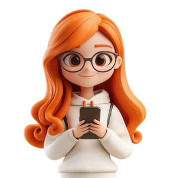 Cute 3d female character with orange hair and glasses using mobile phone transparent background
