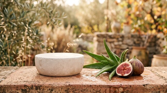 Fresh figs and aloe vera on a rustic stone surface in a garden  