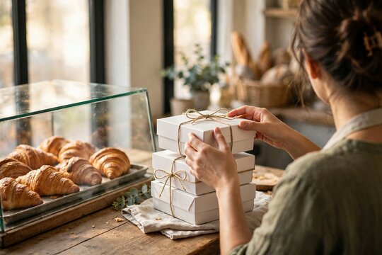 Bakery worker stacking white pastry boxes tied with string beside fresh croissants