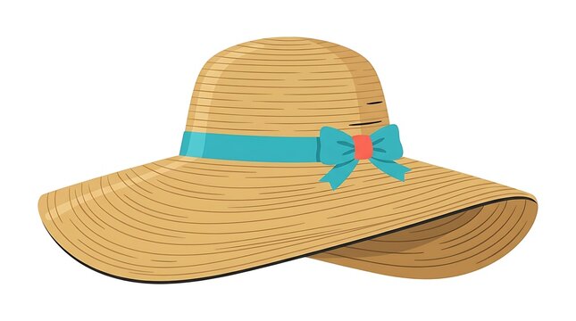 A straw sun hat for women with a blue ribbon and bow detail for summer vacation and beach style fashion accessory isolated illustration for holiday travel themes and sunny weather outfits