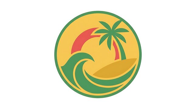 Circular logo icon design featuring a colorful tropical beach scene with a palm tree on a small island and ocean sea waves under a bright summer sun for travel or vacation branding