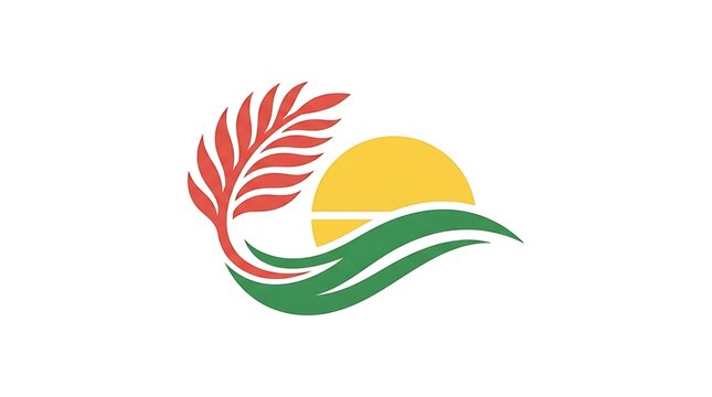 Minimalist logo icon featuring a stylized wheat stalk grain ear with a golden sun and green waves representing nature agriculture farming and organic harvest growth concept design
