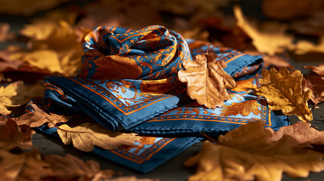 Twisted Blue and Orange Patterned Silk Scarf Bundled on Top of Folded Fabric Stack Surrounded by Autumn Leaves, Warm Fall Fashion Textile Still Life Concept
