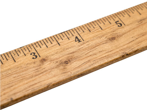 A close-up view of a classic wooden ruler with clear centimeter and millimeter markings isolated on a transparent background, showcasing precise measurement lines against a stark black backdrop for.