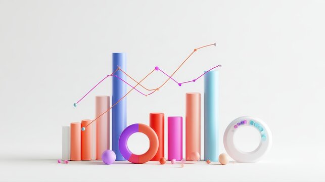 Financial dashboard concept, colorful data columns with trend lines and circular metrics, white background, 3D illustration.