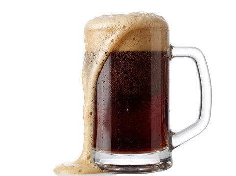 A frosty, overflowing glass mug filled with rich dark beer spilling creamy white head against a stark black background, isolated on a transparent background, capturing the perfect pour for.